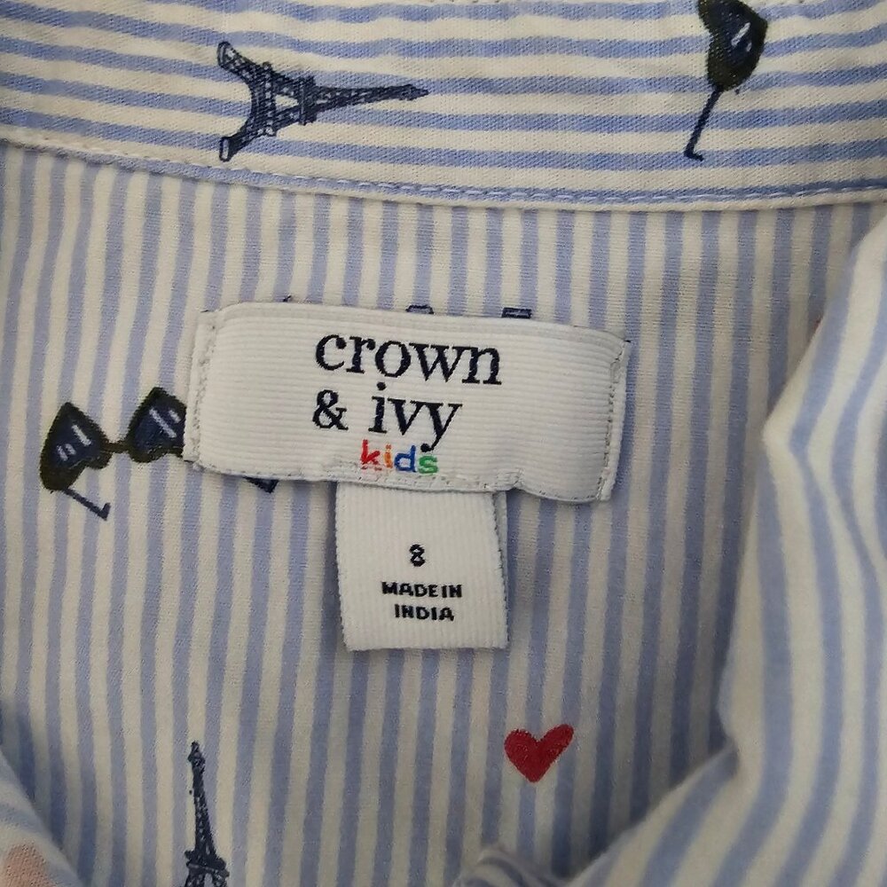 Crown & Ivy Kids White & Light Blue Stripes Long Sleeve Shirt Dress Girls Size 8 - Picture 4 of 9